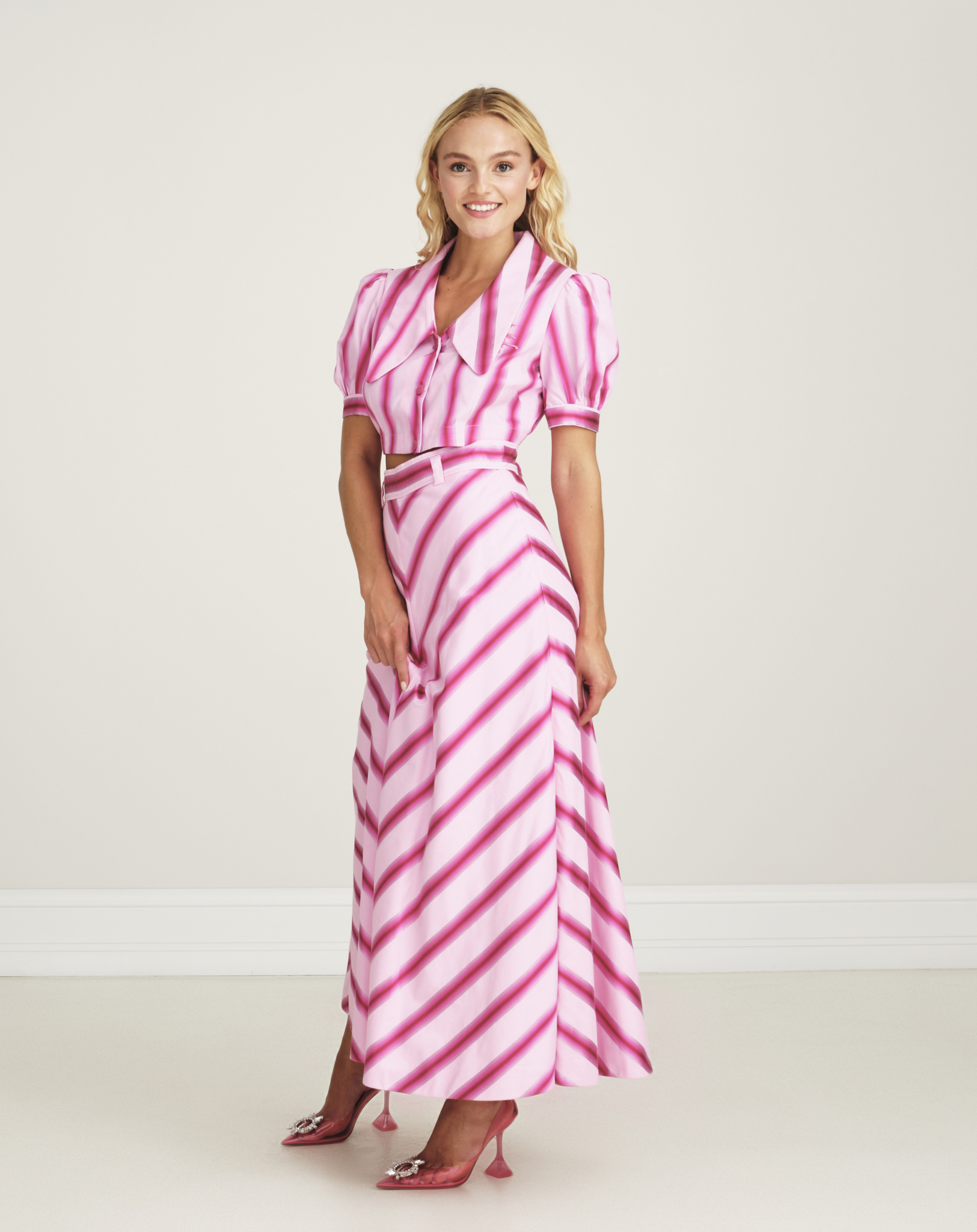 Etro - Pink Striped Cotton And Silk Blend Midi Skirt & Crop Shirt IT42